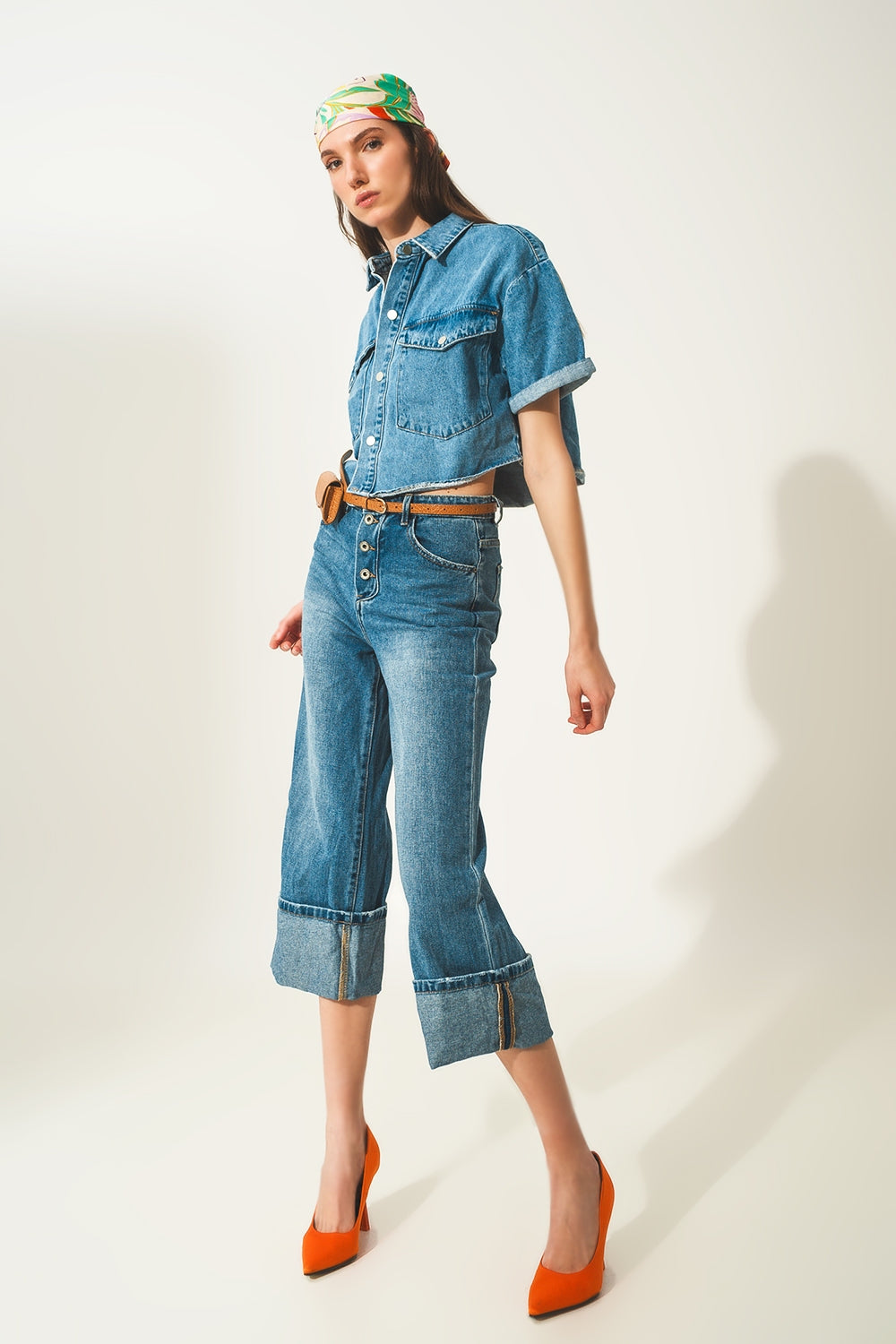 mid-blue wash denim cropped jacket