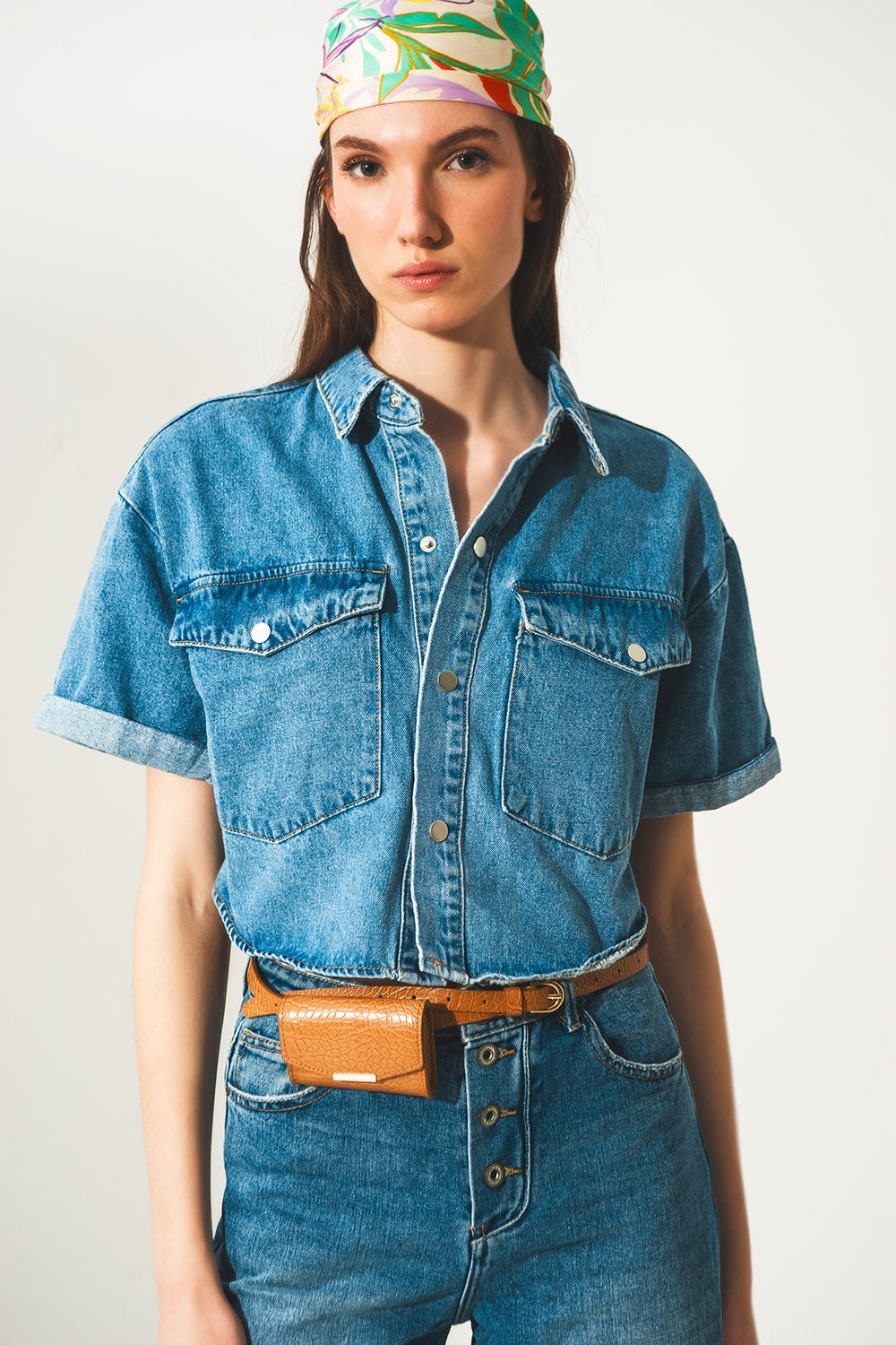 mid-blue wash denim cropped jacket