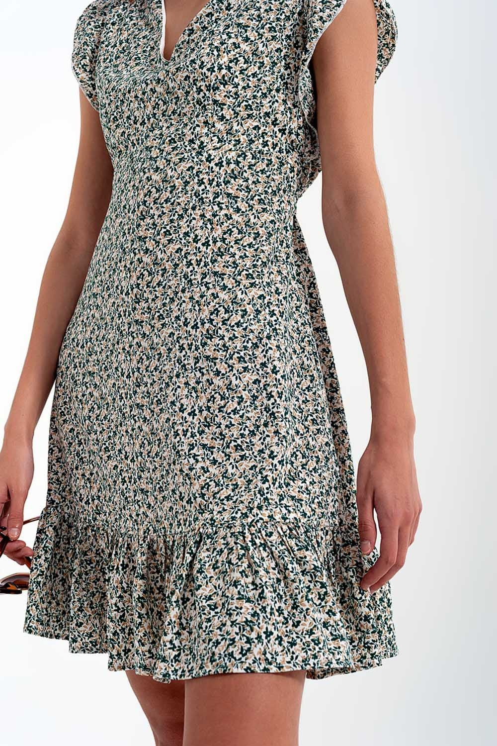 Mini dress with ruffle sleeve in ditsy floral in green