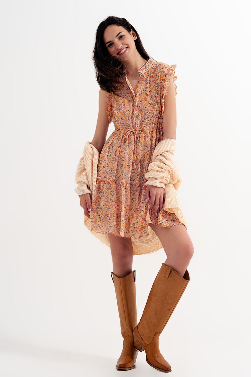 Q2 Mini dress with ruffle trims in vintage floral in coral