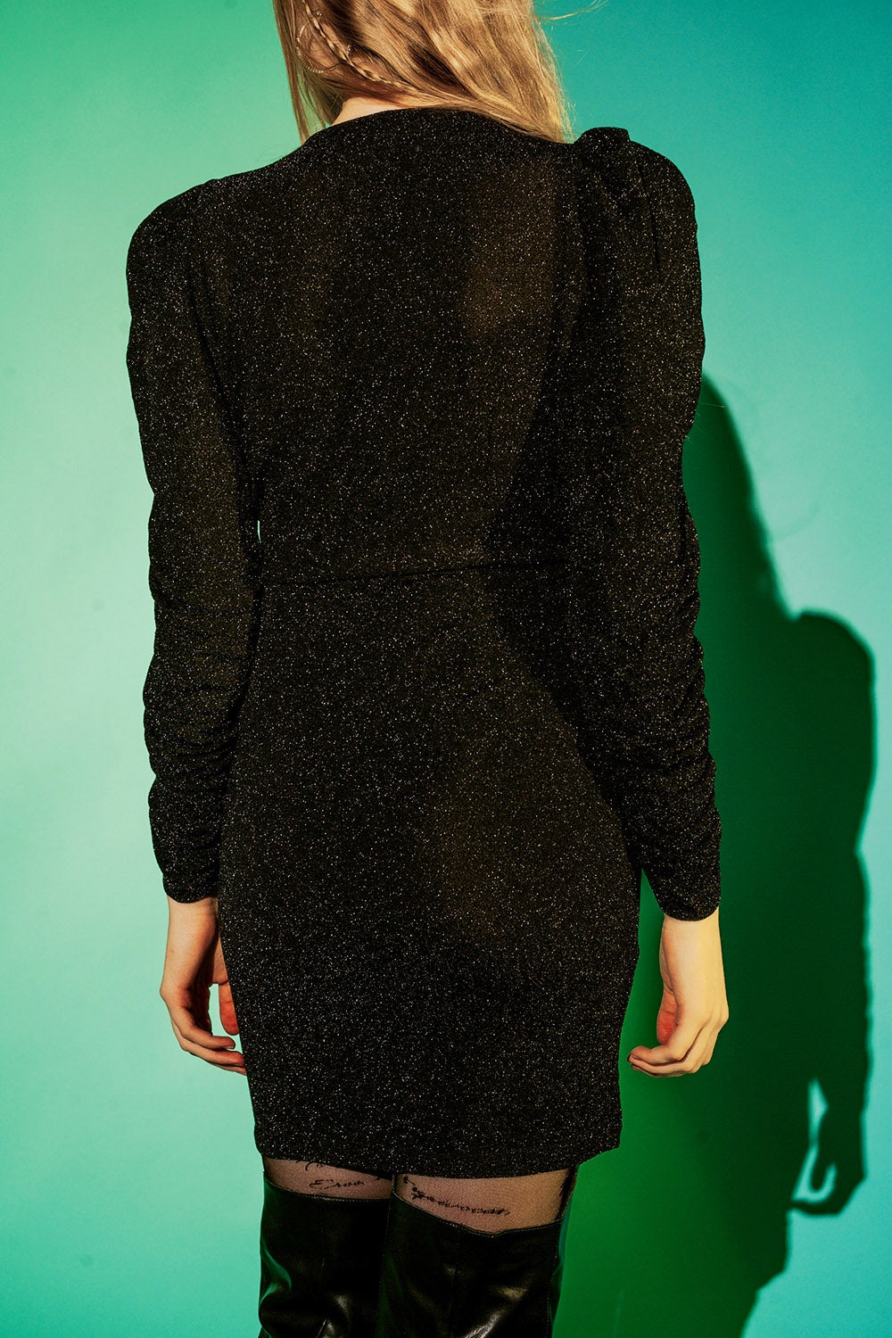 Mini v neck dress in black sparkle