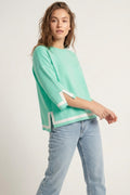 Mint green Fine Knit sweater with Contrast Stripe in white Detail and 3/4 Sleeves