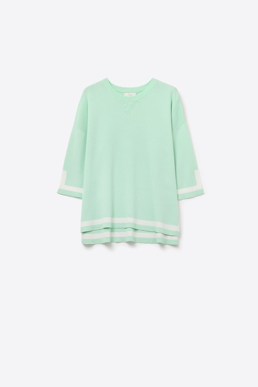 Q2 Mint green Fine Knit sweater with Contrast Stripe in white Detail and 3/4 Sleeves