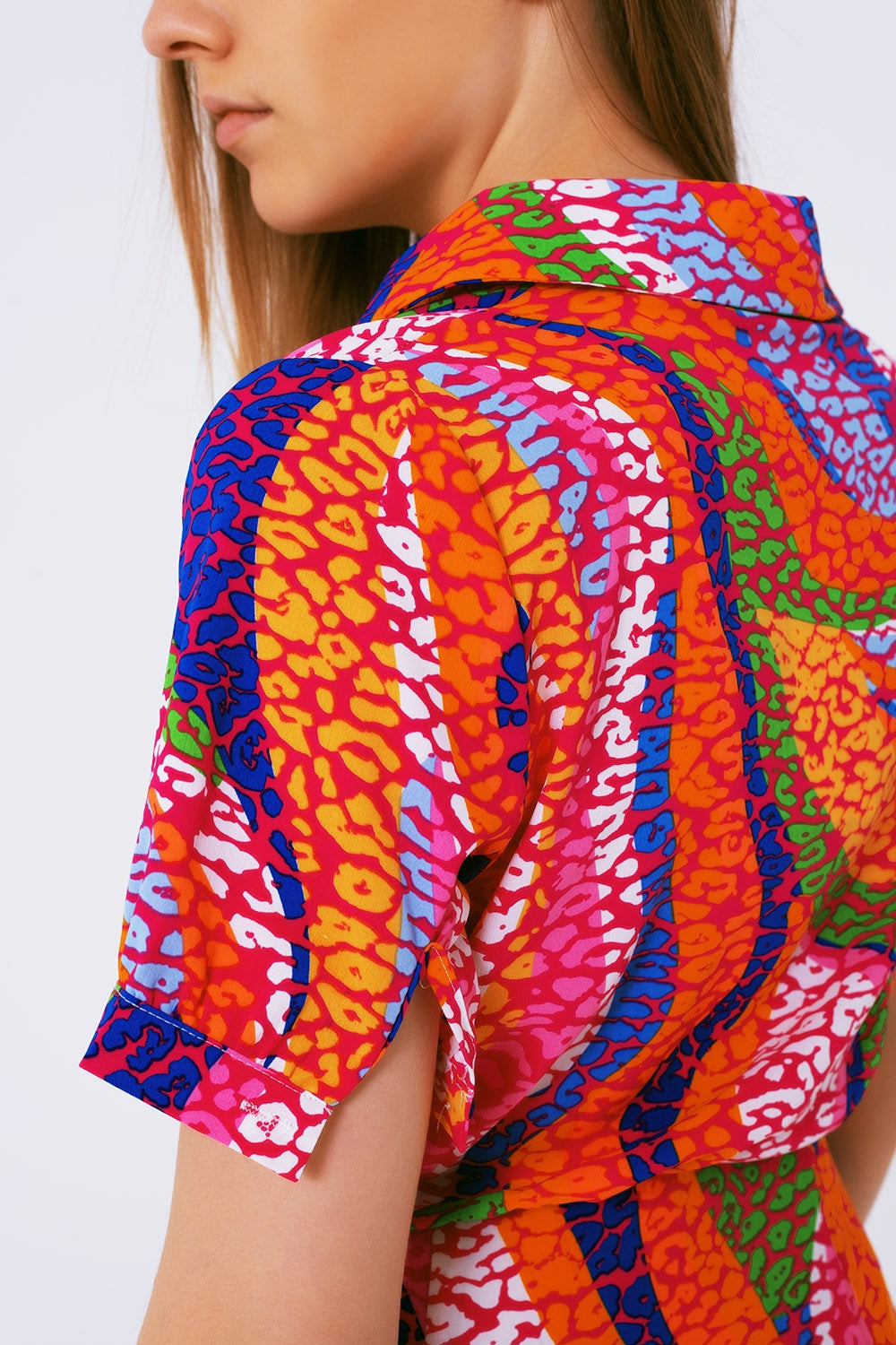 multicolor printed wrap mini dress in pink