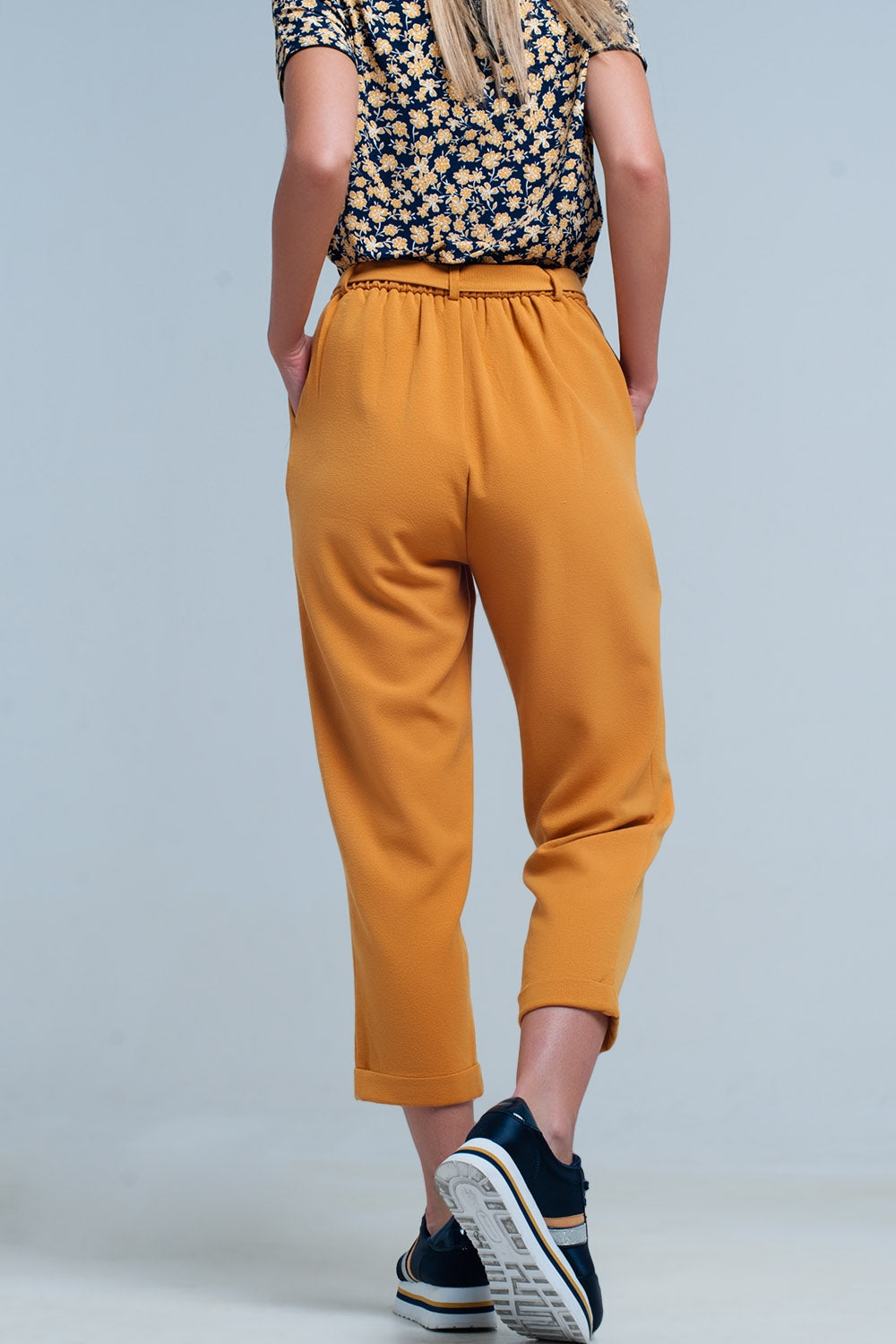 mustard high waisted pants with belt