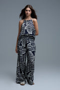 Navy and White Wide Leg Trousers with White Leaf Print