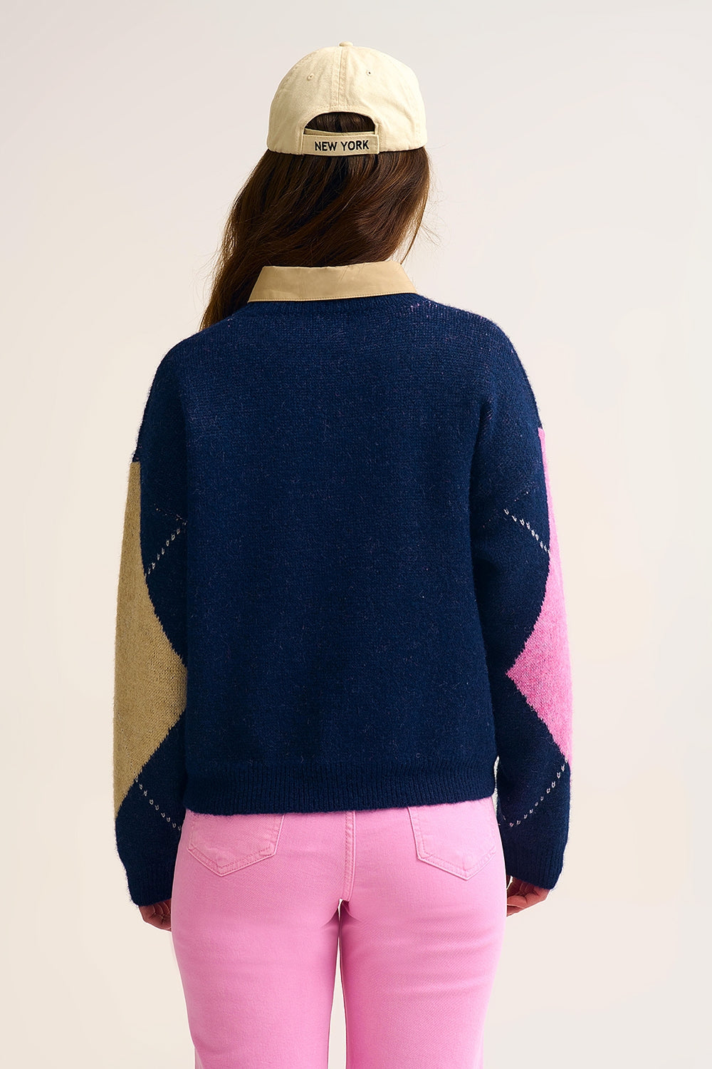 Navy Argyle Knit Sweater with Contrast Color Blocks pink and beige