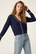 Navy Fine Knit Cardigan with Contrast Trim in white