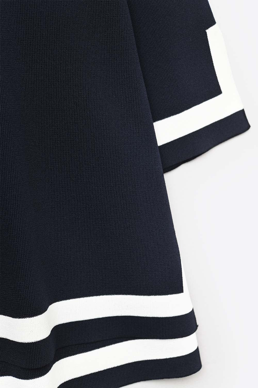 Navy Fine Knit Top with Contrast Stripe in white Detail and 3/4 Sleeves