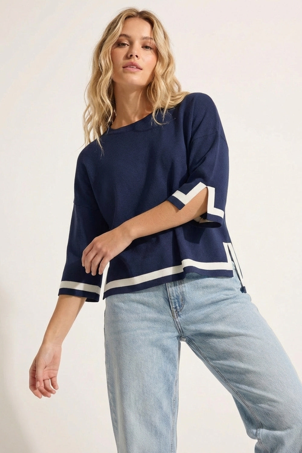 Navy Fine Knit Top with Contrast Stripe in white Detail and 3/4 Sleeves