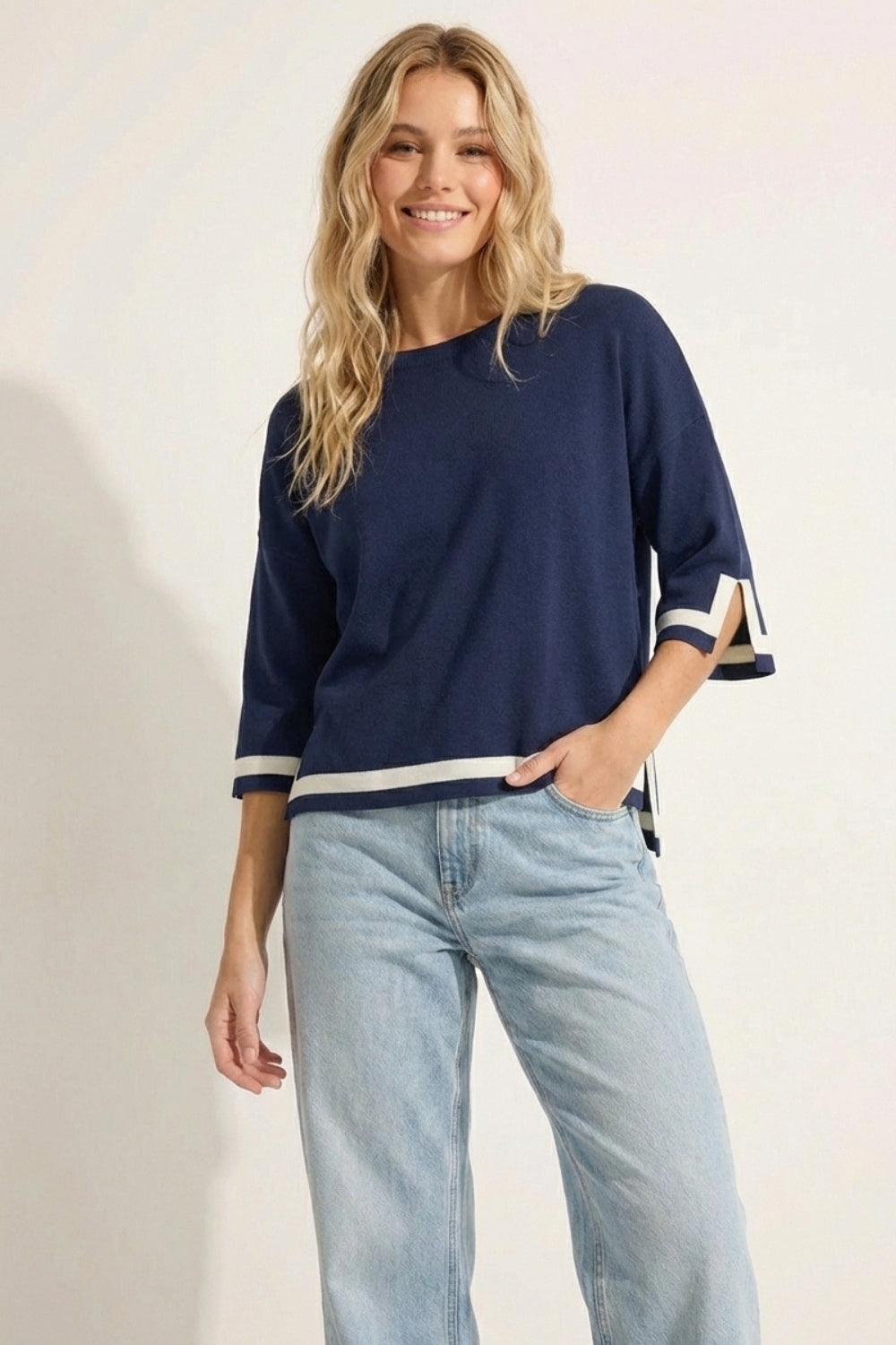 Navy Fine Knit Top with Contrast Stripe in white Detail and 3/4 Sleeves