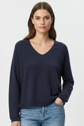 Navy Fine Knit V-Neck Sweater with Subtle Linear Texture