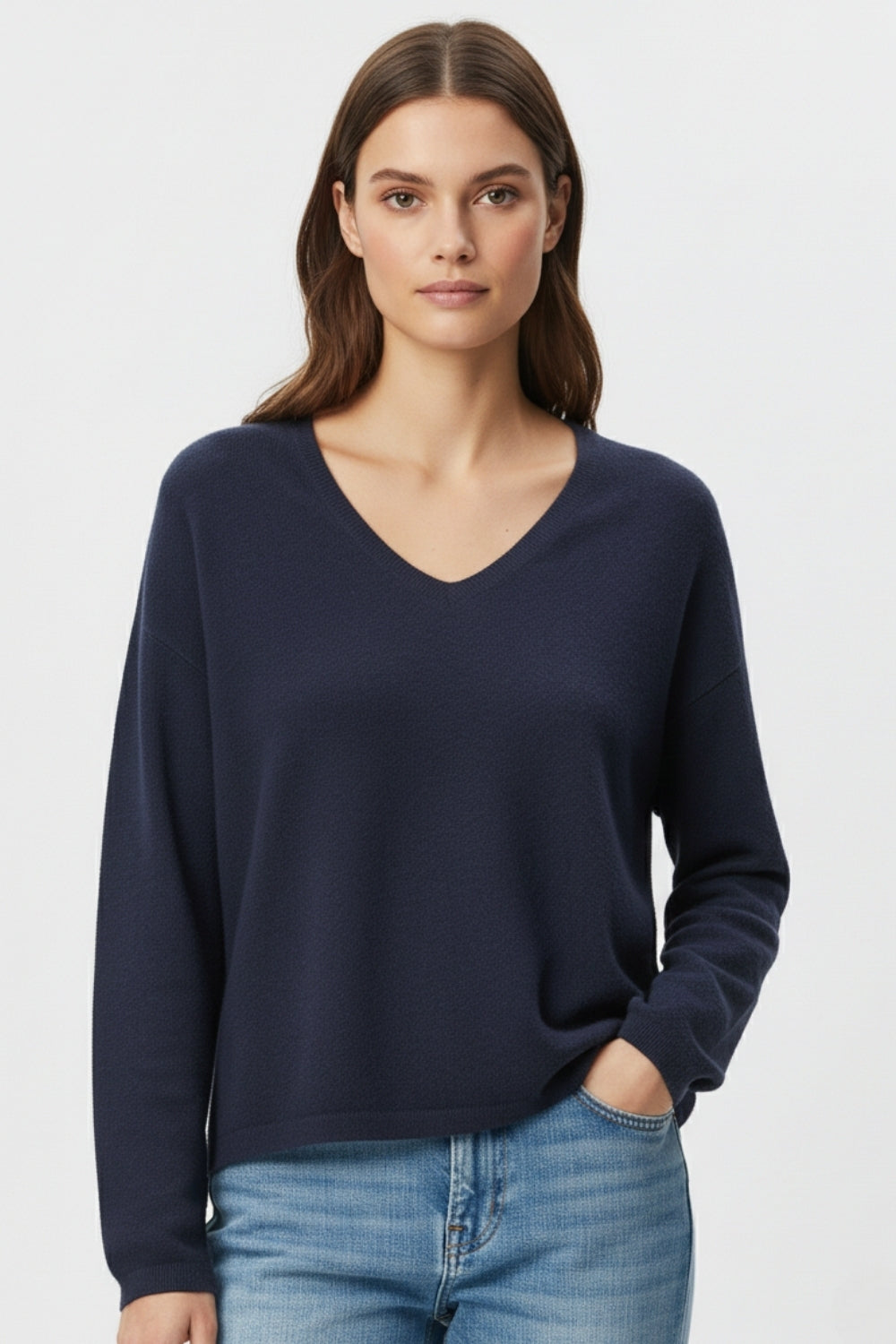 Navy Fine Knit V-Neck Sweater with Subtle Linear Texture