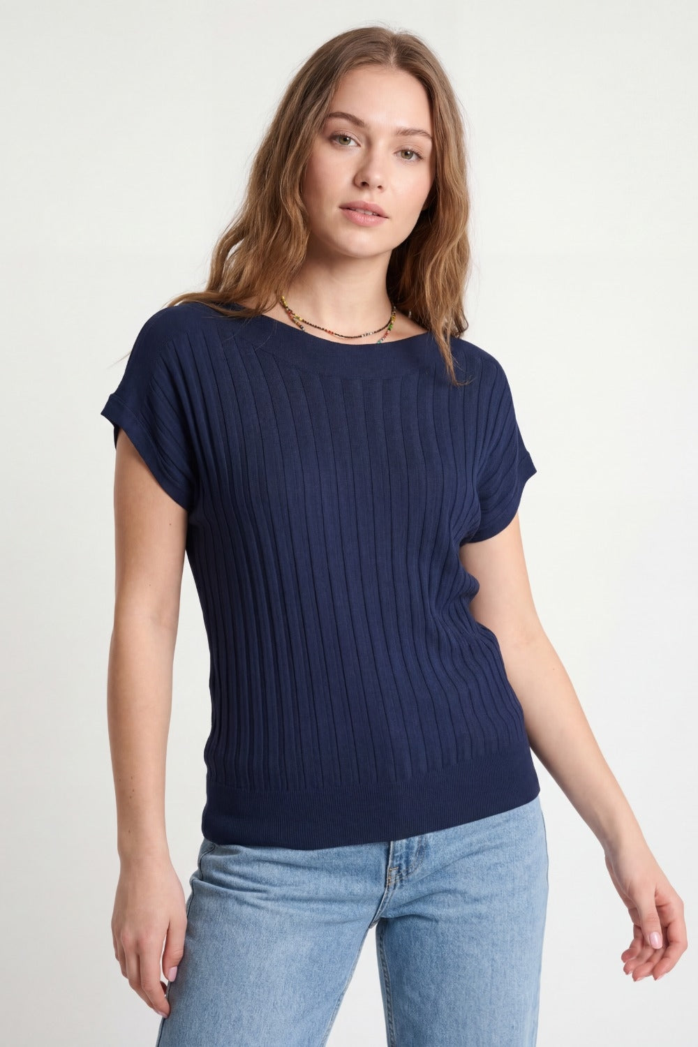 Navy fine Rib knitted Sweater with boat neck