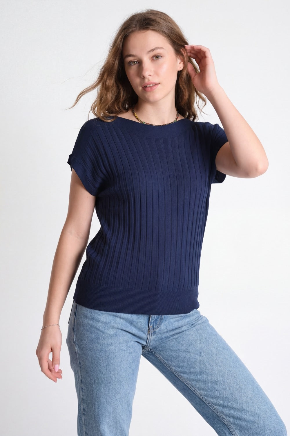 Navy fine Rib knitted Sweater with boat neck
