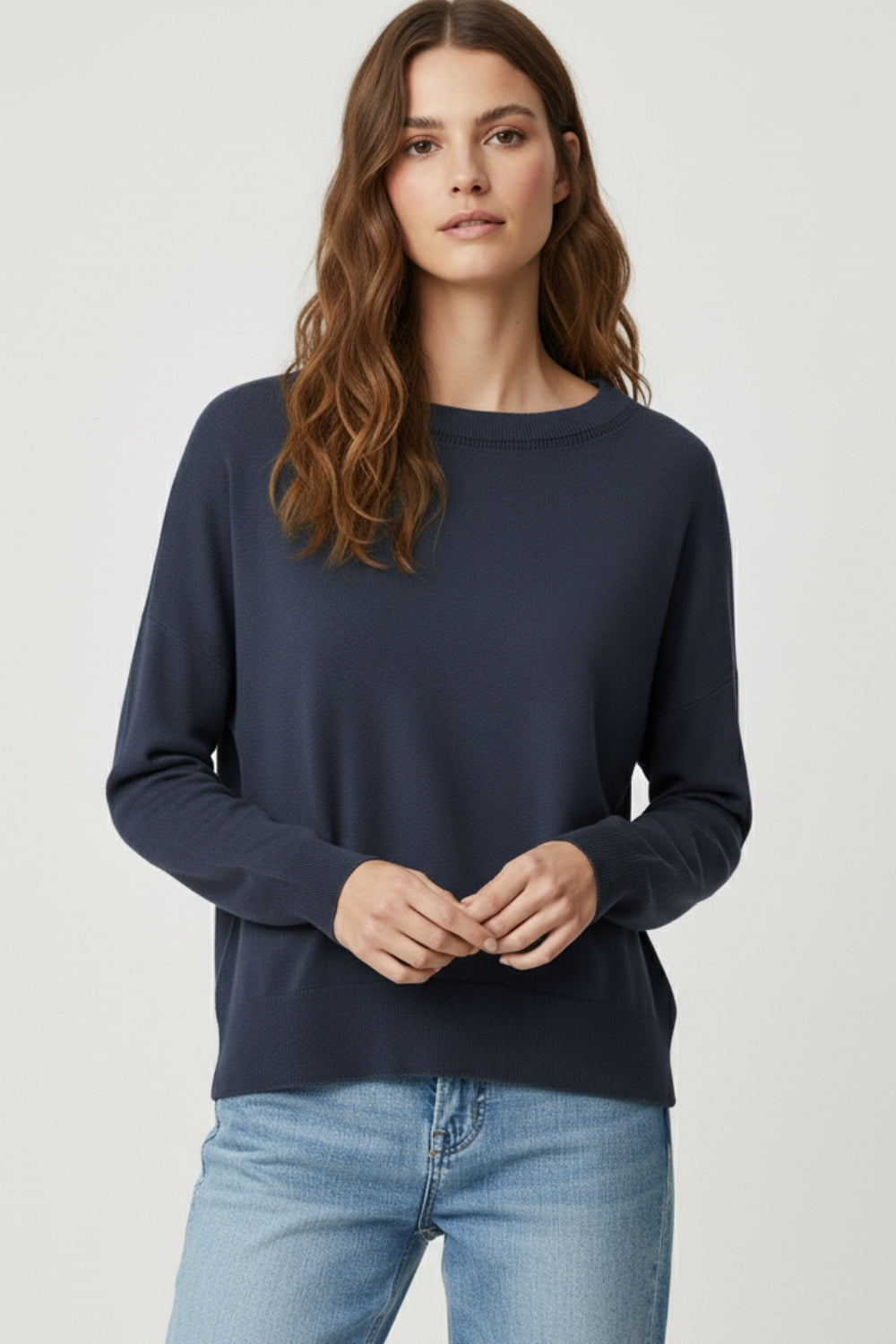Navy knit sweater with mesh collar detail