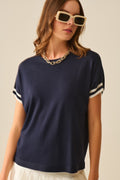 Navy Relaxed Sweater with White Contrast Detail