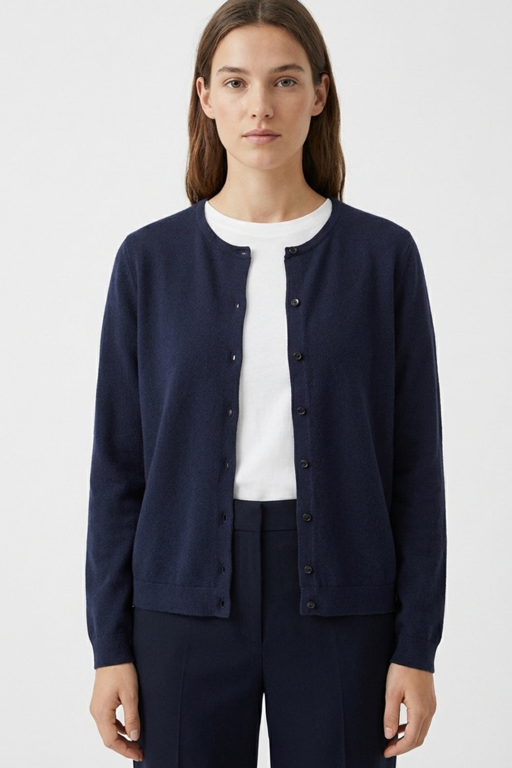 Navy Ribbed Knit Cardigan with Mother-of-Pearl Buttons