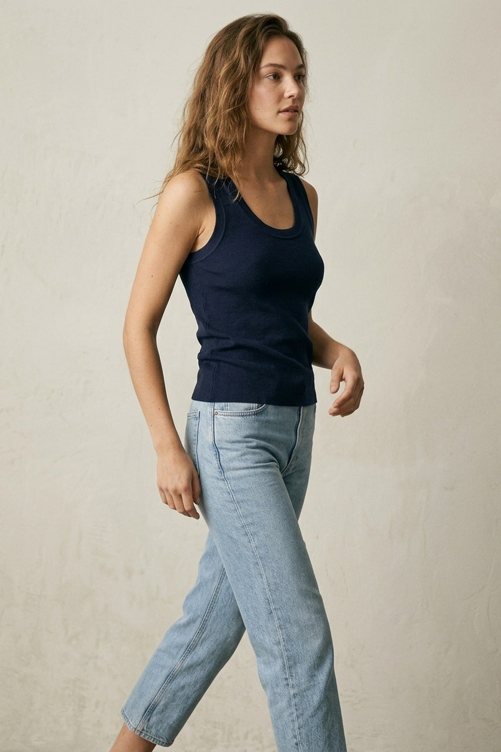 Navy Ribbed Knit Sleeveless Tank Top