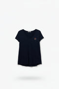 Q2 Navy T-Shirt with Wide Neckline and Text Detail