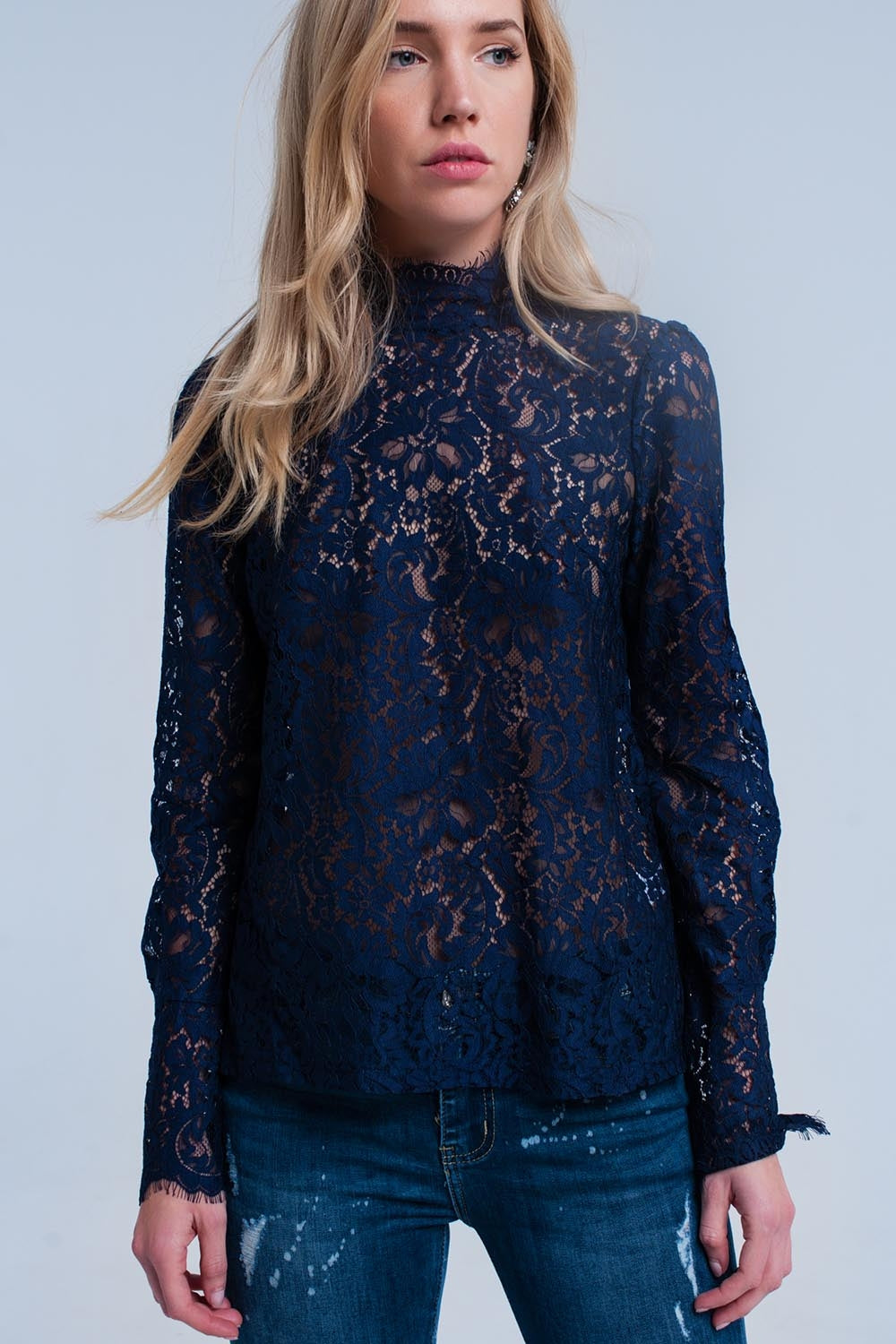 Navy transparent lace shirt