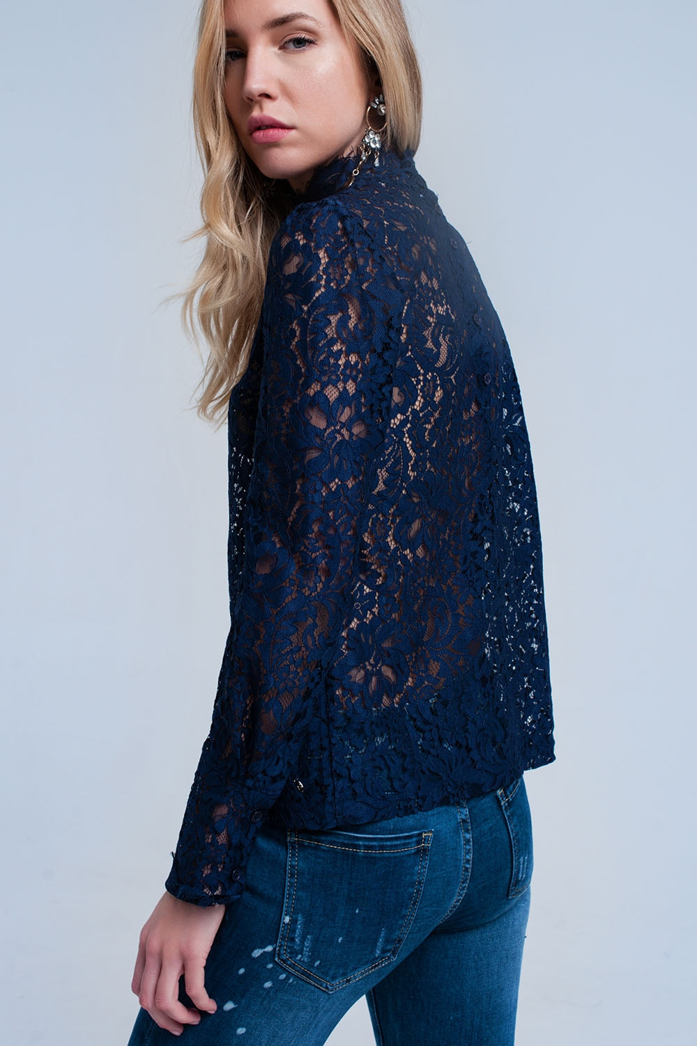 Navy transparent lace shirt