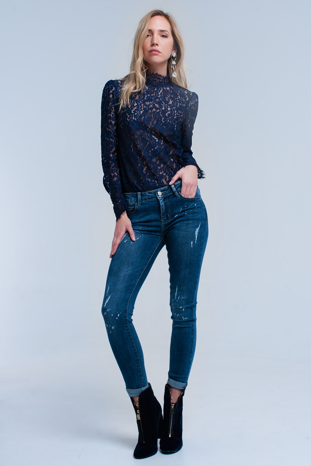 Navy transparent lace shirt