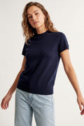 Navy turtleneck sweater with fitted short sleeves