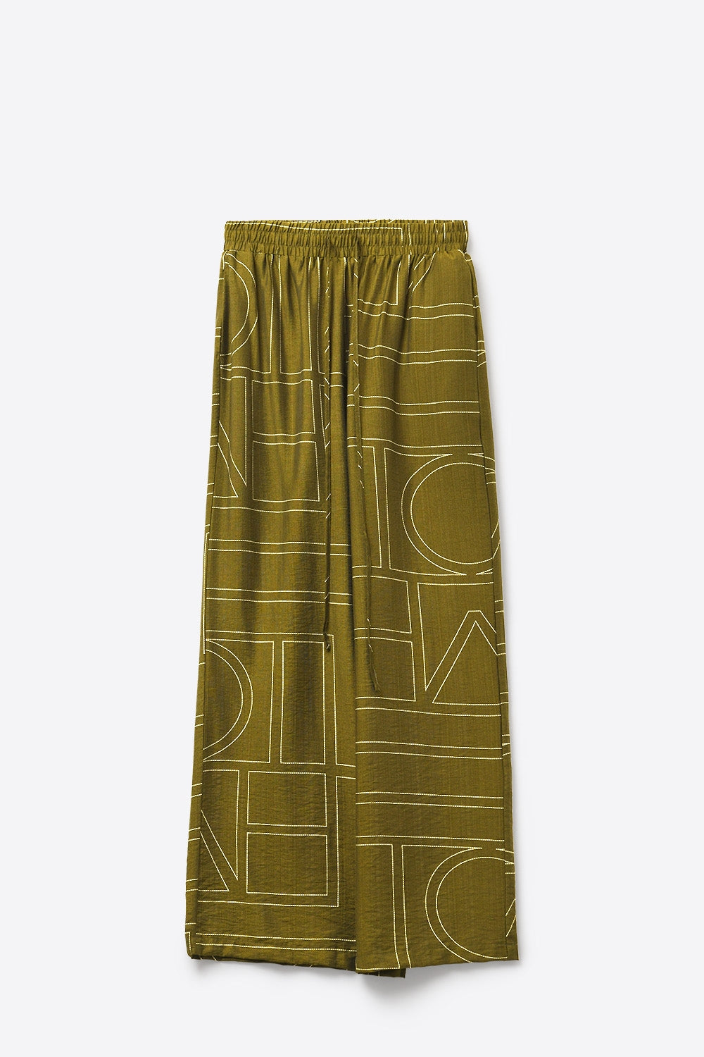 Olive Fluid Fine-Fabric Wide-Leg Pants with Graphic Print