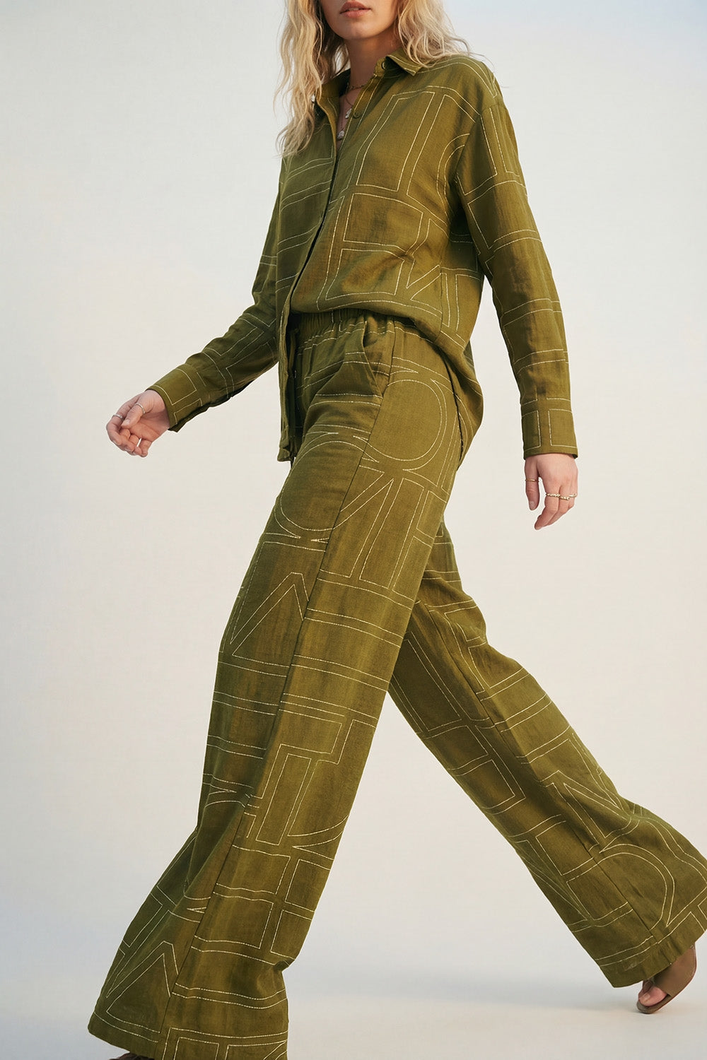 Olive Fluid Fine-Fabric Wide-Leg Pants with Graphic Print