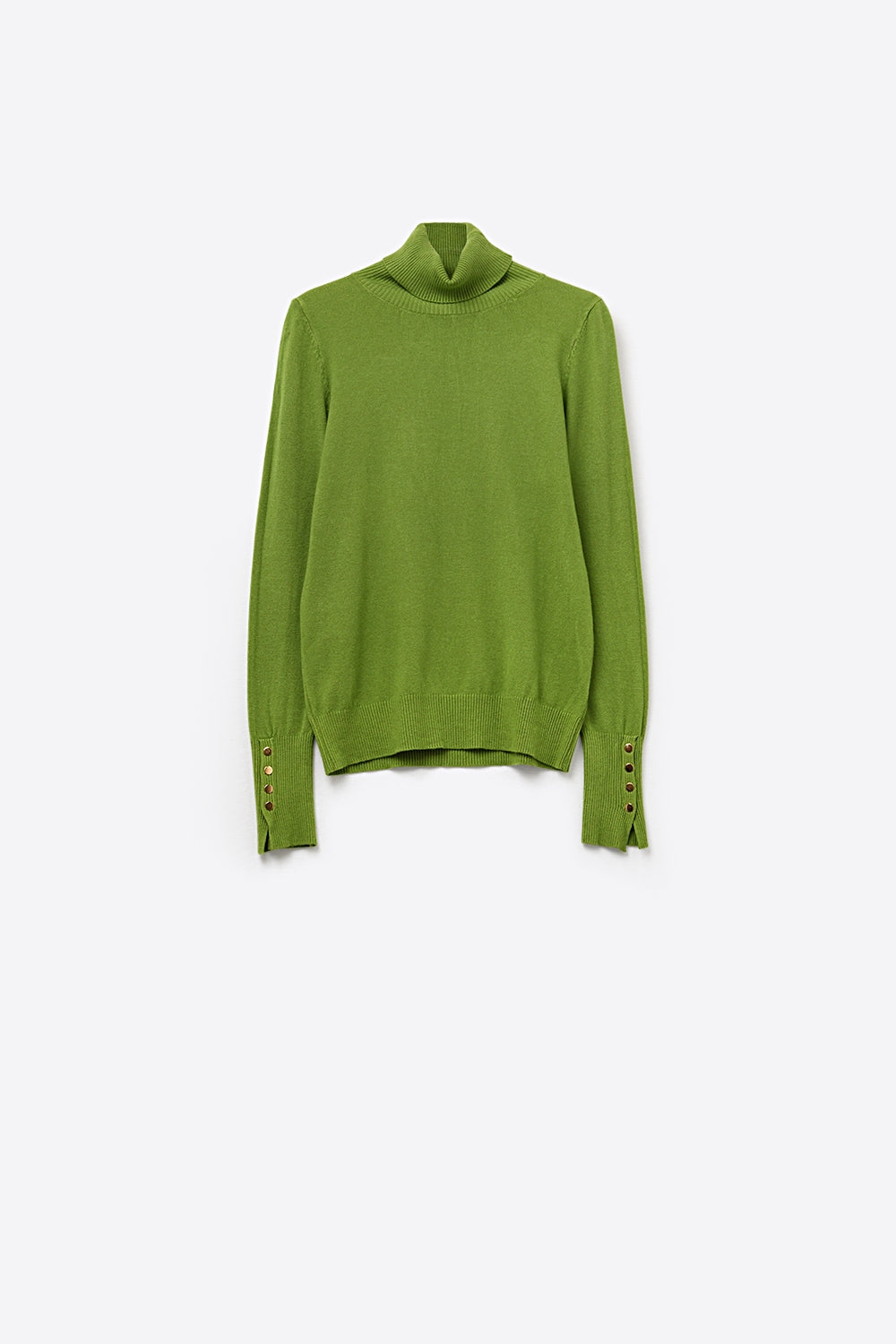 Q2 Olive green turtleneck sweater with gold buttons on the cuff