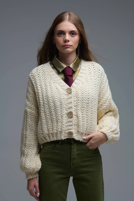 Q2 Open Knit Chunky Cardigan In beige