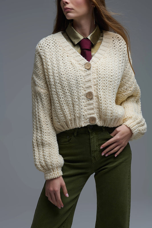 Open Knit Chunky Cardigan In beige