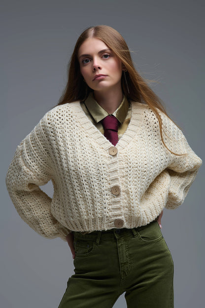 Open Knit Chunky Cardigan In beige