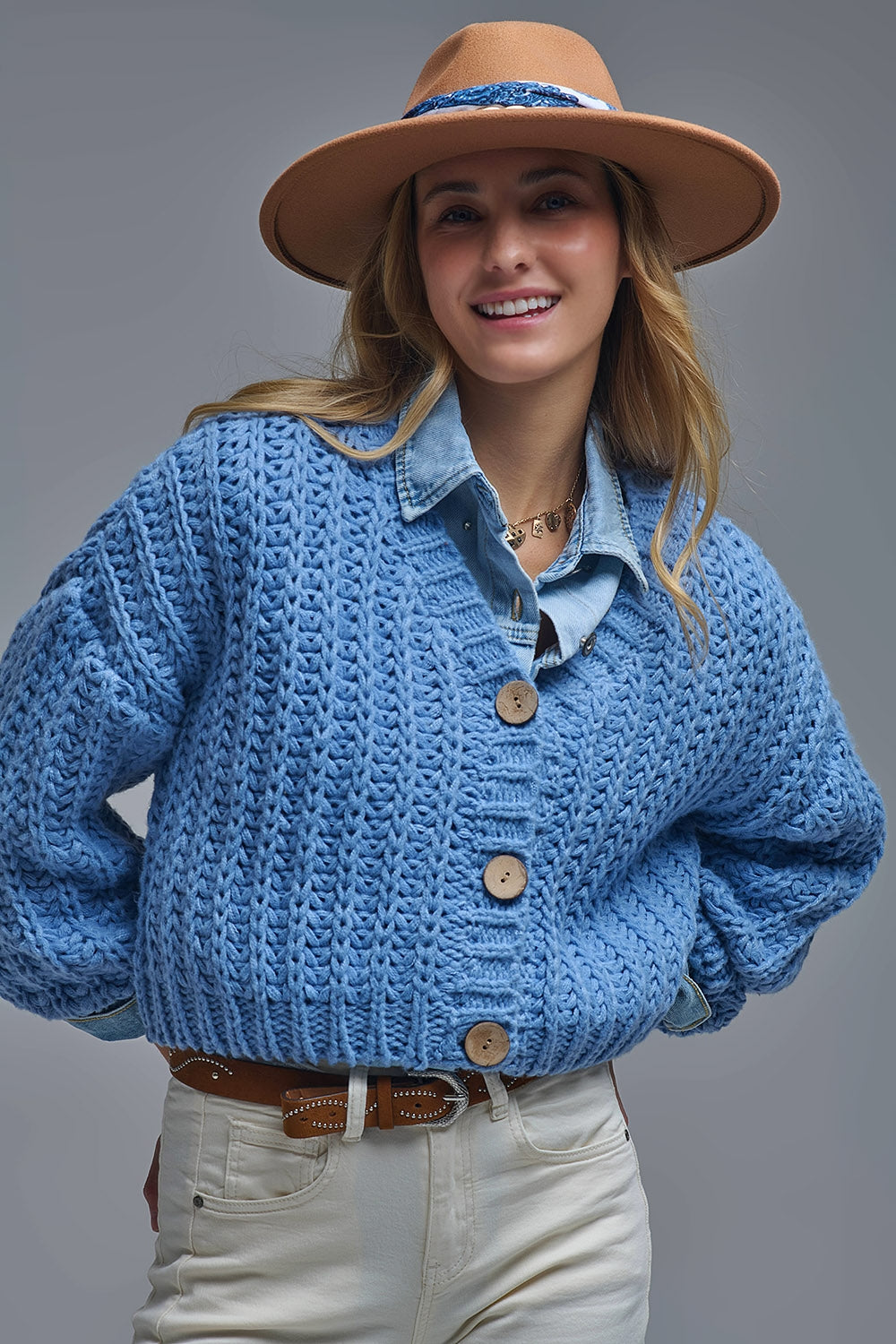 Open Knit Chunky Cardigan In blue