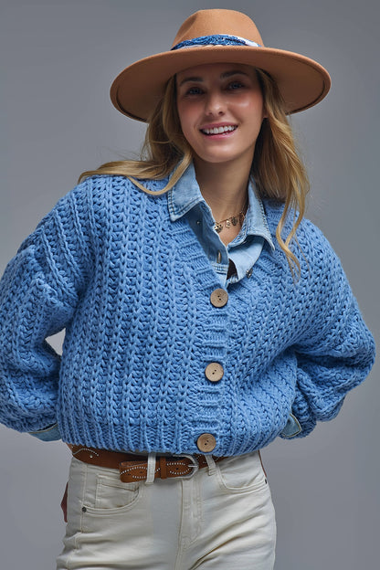 Open Knit Chunky Cardigan In blue