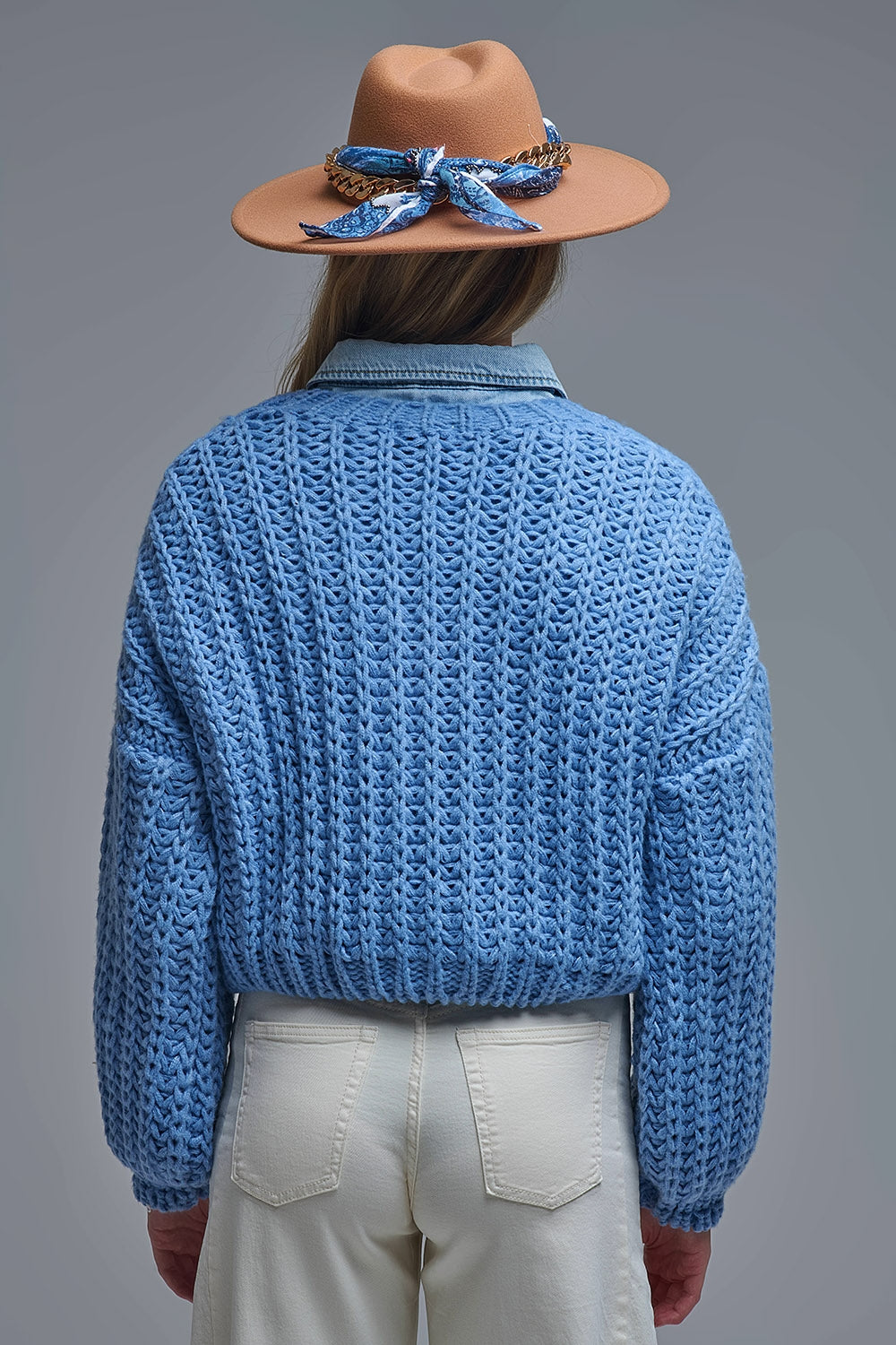 Open Knit Chunky Cardigan In blue