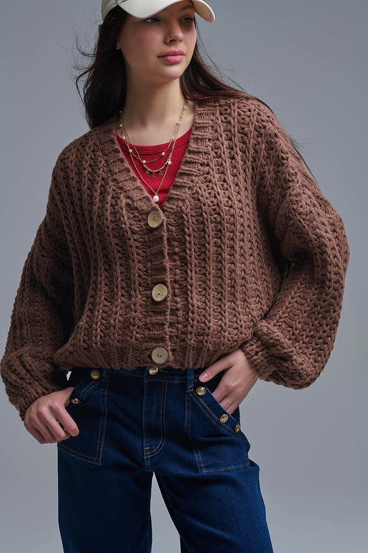 Q2 Open Knit Chunky Cardigan In Brown