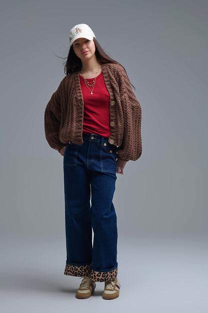 Open Knit Chunky Cardigan In Brown