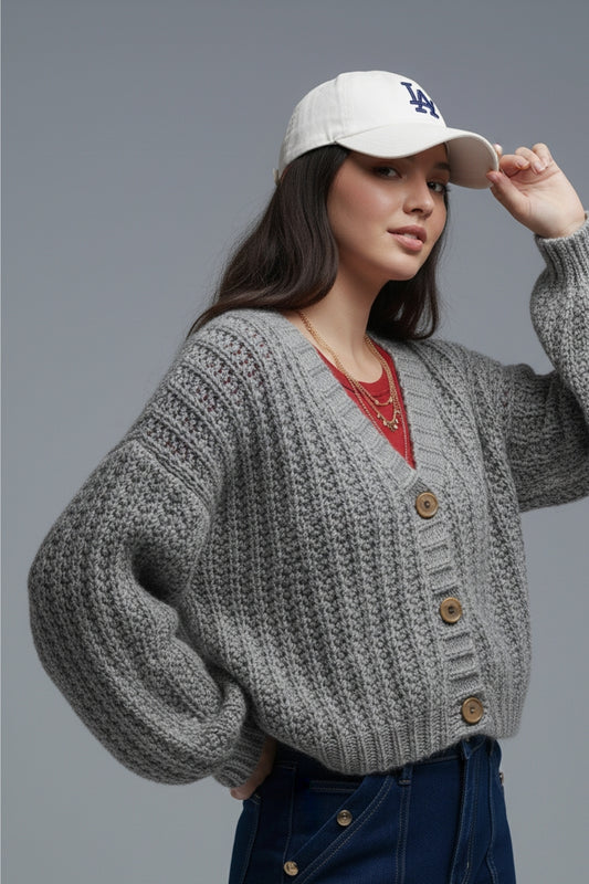Open Knit Chunky Cardigan In grey with buttons