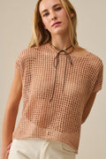 Open Knit Crochet dropped Sleeved Top in Camel