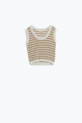 Q2 Open Knit Cropped Striped Sleeveless sweater in Brown and White