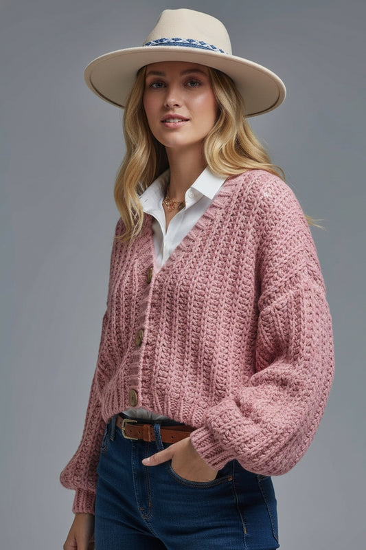 Open Knitted Chunky Cardigan in pink with relaxed sleeves