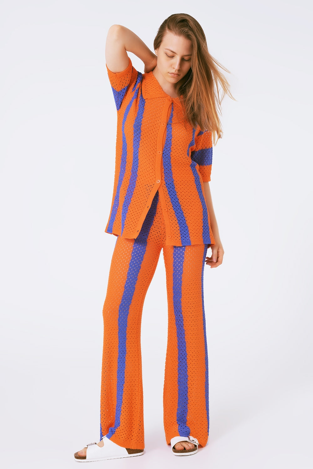 Orange Striped Crochet Knitted Cardigan