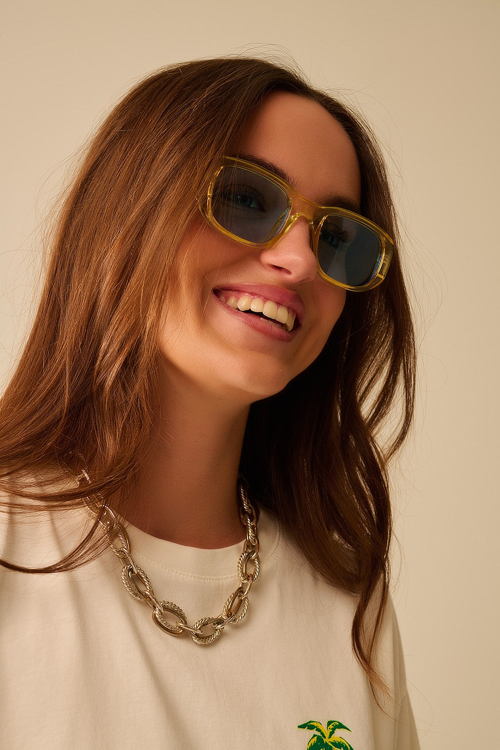Q2 Oval Sunglasses with High Gloss Transparent Frames in yellow