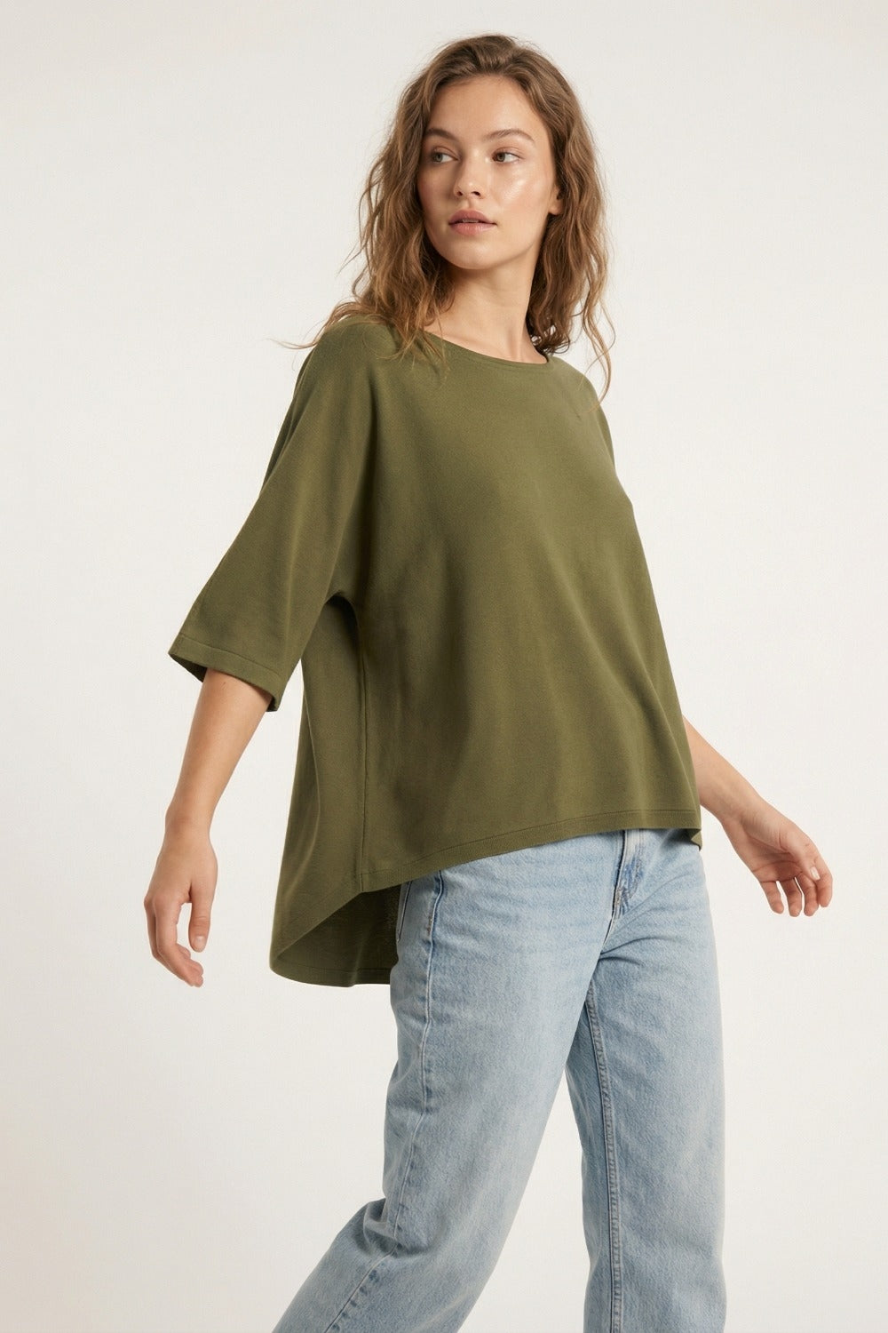Oversized Kakhi sweater with Elbow-Length Sleeves