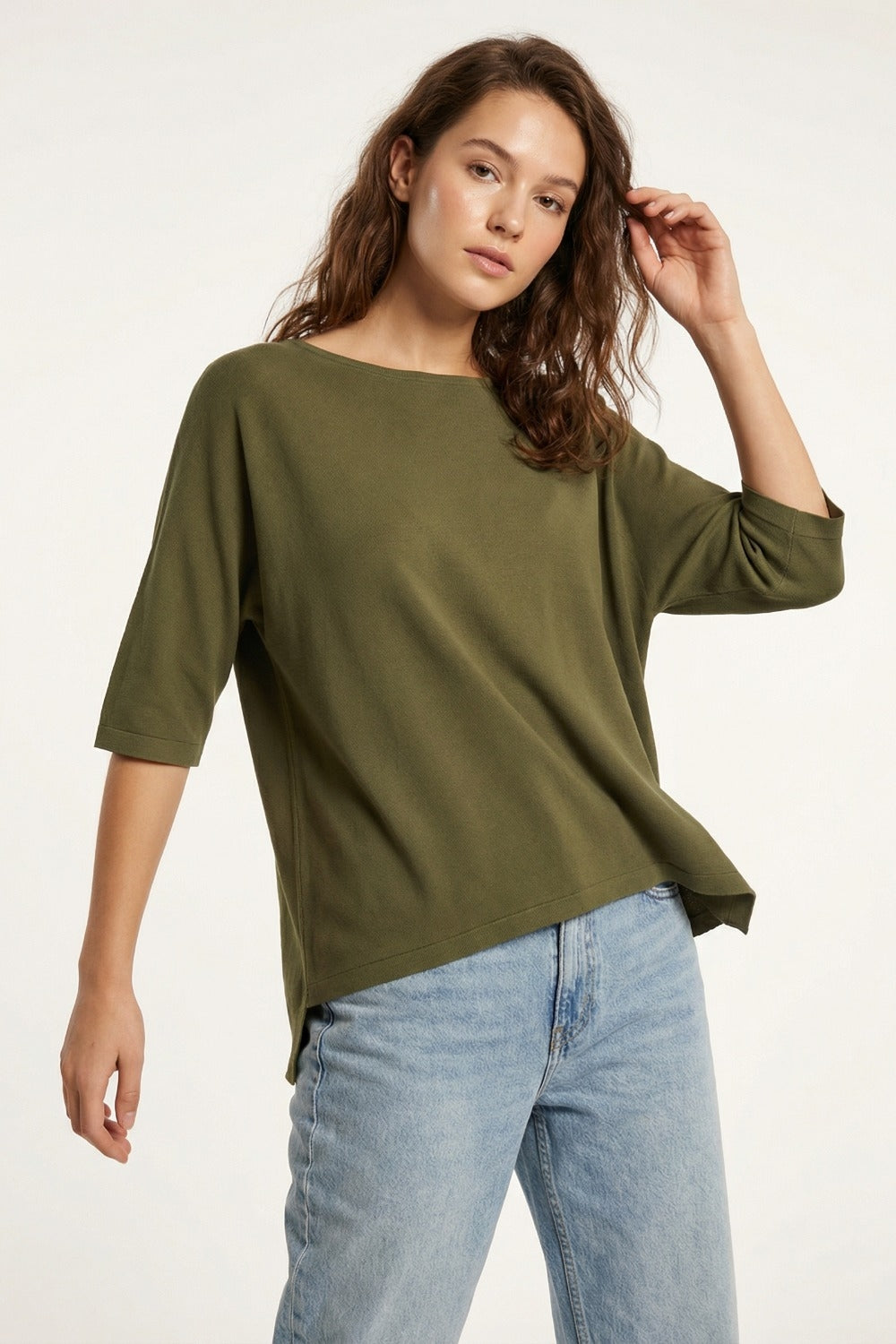 Oversized Kakhi sweater with Elbow-Length Sleeves