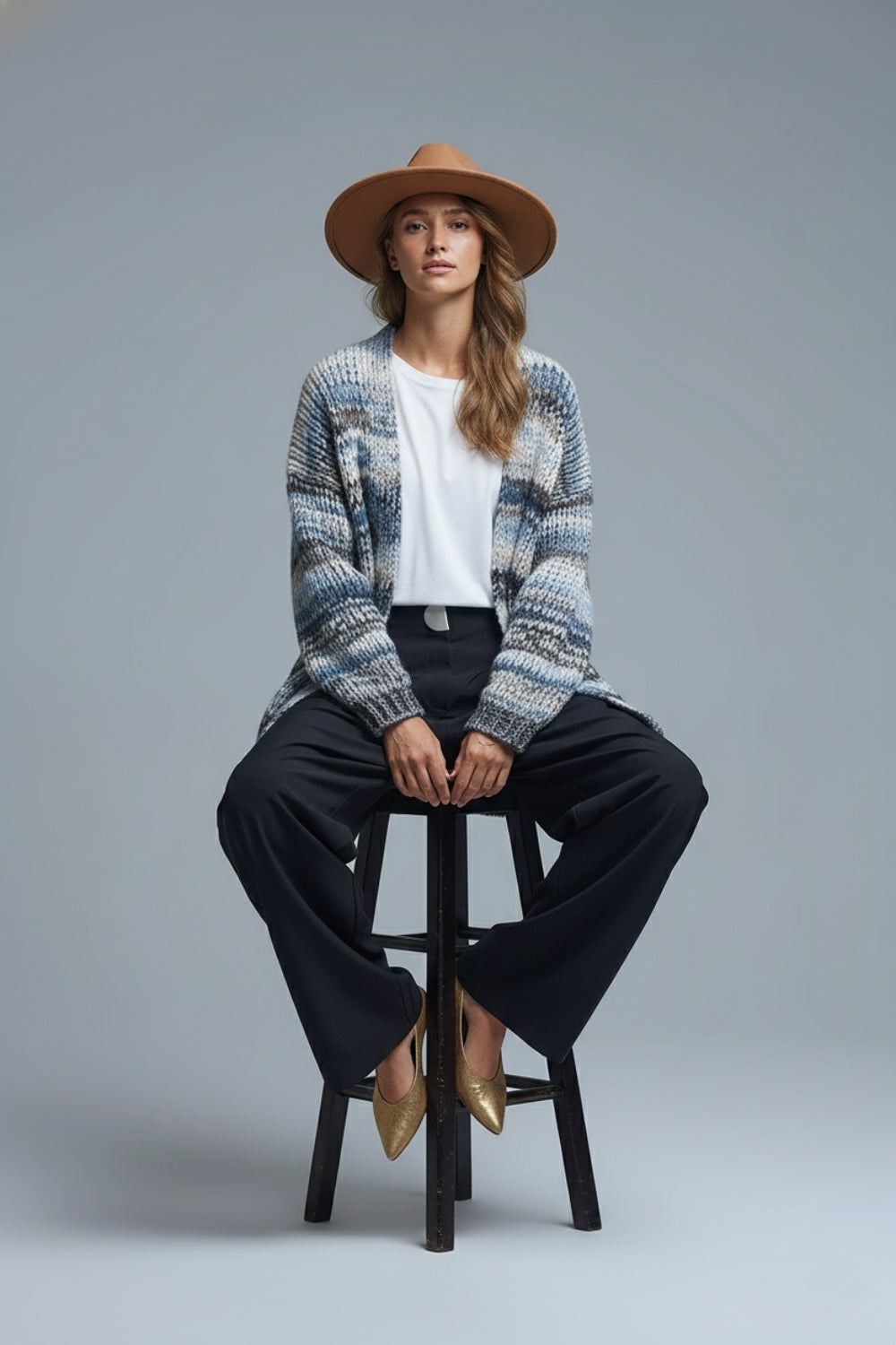 Oversized mottled striped long cardigan with pockets in Blue