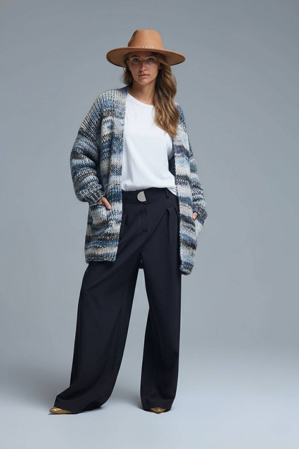 Oversized mottled striped long cardigan with pockets in Blue