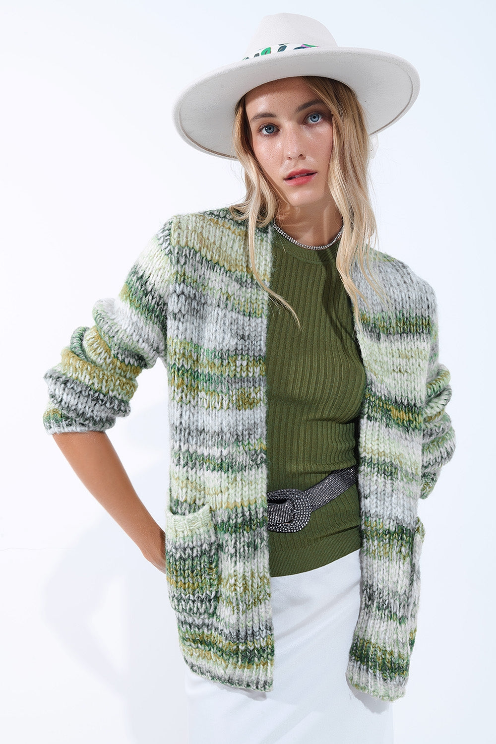 Oversized mottled striped long cardigan with pockets in Green